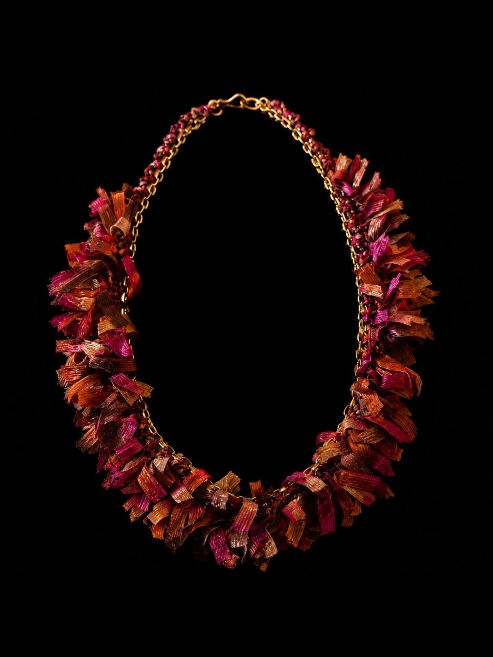 Handcrafted Pink & Orange Ribbon Chain Necklace